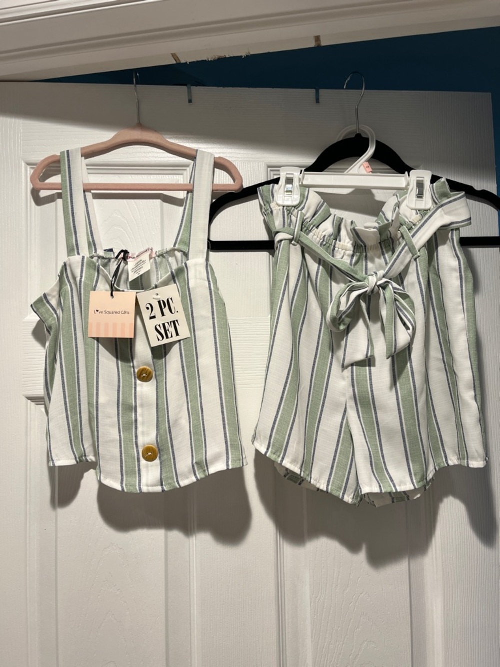 Love Squared Green & White Striped Tank + Tie-Waist Shorts Set